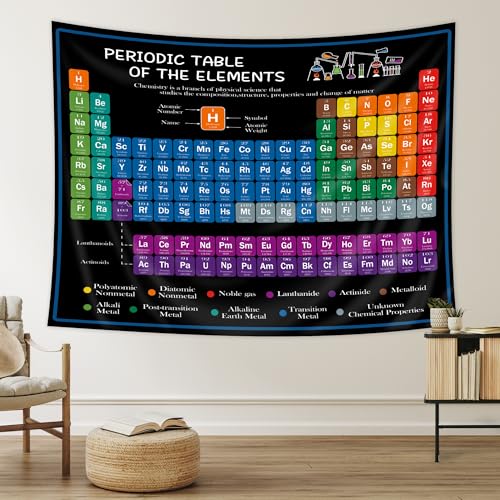 Riyidecor Periodic Table Tapestry 80WX60L Inch Chemistry Elements Educational Scientific Teachers School Student Cool Aesthetic Practical Family Cute Symbols Wall Hanging Living Room Bedroom Decor - color: 01Black, size: 60"L x 80"W