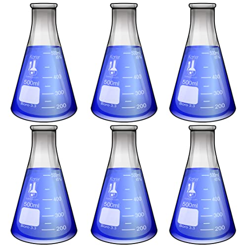 500ml Narrow Mouth Erlenmeyer Flask, 3.3 Borosilicate Glass, Karter Scientific 213G21 (Pack of 6) - size: 500ml, style: Pack of 6