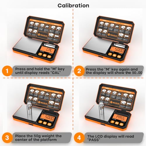 MAXUS Pocket Scale, 200g x 0.01g, with 50g Calibration Weight and USB Cable - color: Orange