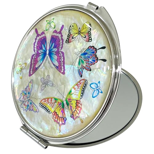 Portable Makeup Compact Double Magnifying Mirror Cosmestic Foldable Pocket Style Unique Mother of Pearl Design (Butterfly) - color: Butterfly
