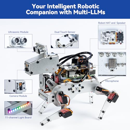 SunFounder PiDog AI Robot Dog Kit for Raspberry Pi 5/4/3B+/Zero 2W, Openclaw LLMs ChatGPT/Gemini/Grok, Voice&Video Recognition, Python, App, Gyroscope, Camera (RPI NOT Included) - color: Pidog
