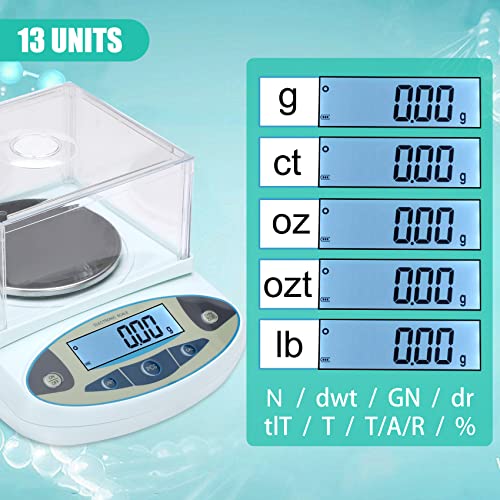 Lab Scale 3000gx0.01g,0.01g Accuracy High Precision 13 Unit Digital Analytical Balance, Electronic Laboratory Precision Gram Scale,Digital Scale with Windshield(with 500g Calibration Weight) - size: 3000gx0.01g