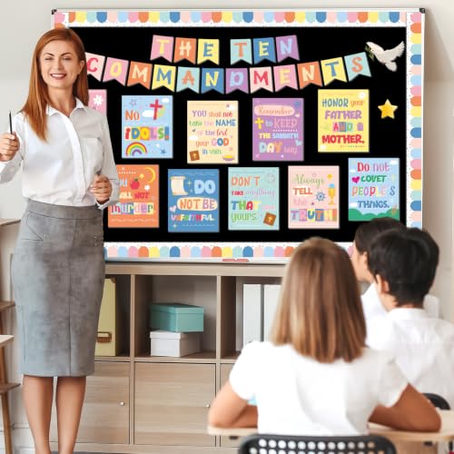Ten Commandments Bulletin Board Set Christian Bible Verse Classroom Decor Pastel Rainbow Inspirational Religious Scripture Cutouts for Back to School Party Classroom Home Chalkboard Wall Door Decor - style: Pastel Rainbow Ten Commandments