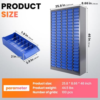 100 Drawer Alloy Steel Nut and Bolt Organizer, ABS Material Bolts Organizer, 26" L×9" W×46" H Drawer Parts Storage Cabinet, with Dividers and Labels for Laboratory, Studio, Home Use/Blue - size: 100 Drawer