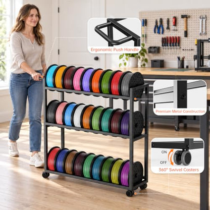 3D Printer Filament Storage Rack with Wheels,Cart Holds 30 Spools Filaments