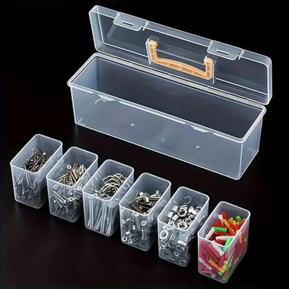 Plastic Hardware Storage Box with 6 Removable Compartments, Clear Small Parts Organizer with Handle, Portable Container for Screws, Nuts, Bolts, Crafts