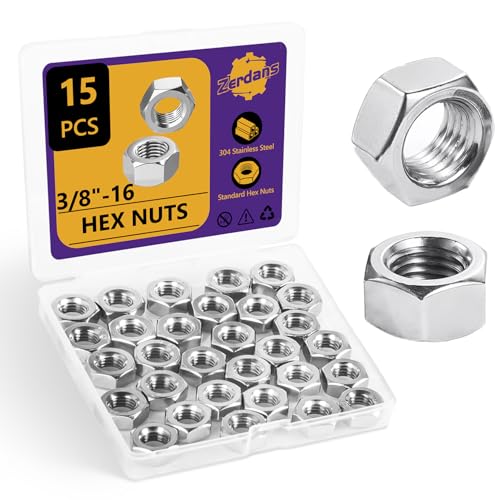 15Pcs SAE 3/8"-16 Hex Nut Set 304 Stainless Steel - size: 15Pcs-3/8"-16