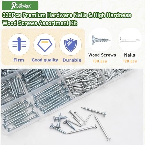 320Pcs Premium Hardware Nails & High Hardness Wood Screws Assortment Kit, 11 Sizes (1/2"-2"),Phillips Drive Flat Head, Wood Screws, Galvanized, Picture Hanging, Wood, Common Nails with Storage Box - size: 320PCS