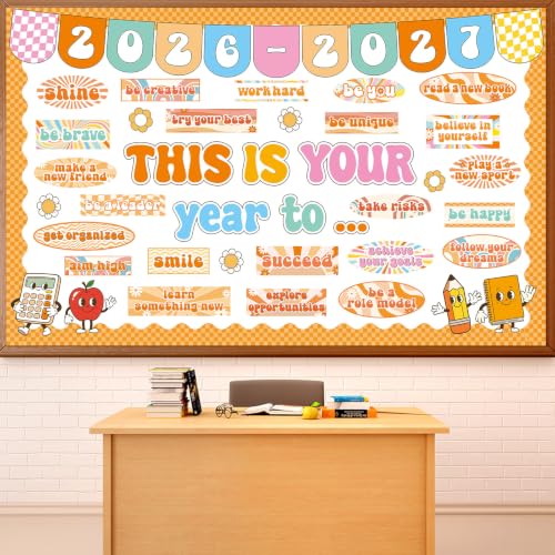 This is Your Year to Bulletin Board Set Hippie Motivational Classroom Decorations Welcome Back to School Paper Cutouts Hippie Inspirational Bulletin Board Border for Office Chalkboard Wall Door Decor - style: Hippie Inspirational
