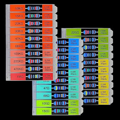 EEEEE 1/2W 30 Values 600pcs Individual Compartment 1 Ohm-1M Ohm with 1% Metal Film Resistor Assortment Kit and Electrical Industrial Assorted Set K Ohm Pack for Led Lights - style: 1/2 Watt 600pcs 1R-1M