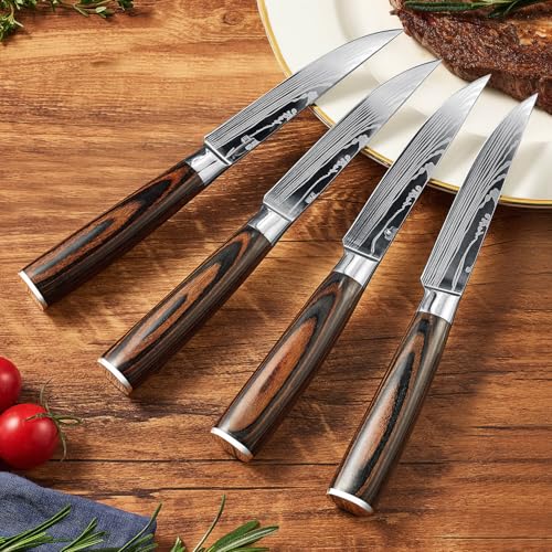 SENKEN 16-Piece Knife Block Set - Japanese High Carbon Stainless Steel with Damascus Pattern, Dark Wood Handles, 6 Steak Knives & Acacia Hardwood Block (Brown) - color: Brown
