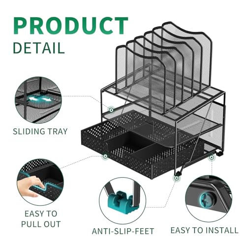 Simple Trending Mesh Desk Organizer with Sliding Drawer, Double Tray with 5 Sections File Bookshelf, Black - size: 13.25”W x 9.25”D x 15.25”H