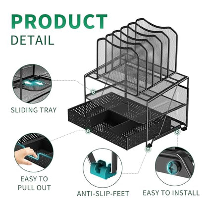 Simple Trending Mesh Desk Organizer with Sliding Drawer, Double Tray with 5 Sections File Bookshelf, Black - size: 13.25”W x 9.25”D x 15.25”H