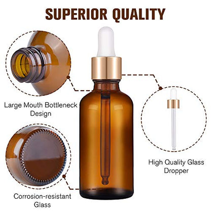 PrettyCare Glass Eye Dropper Bottles 2oz (60ml), 12 Pcs Amber Empty Thick Bottles Bulk with Leakproof Golden Caps - With Labels & Funnels for for Storage, Travel,Essential Oils, DIY Serums, Tincture - color: 2oz Amber, style: 12 Pack
