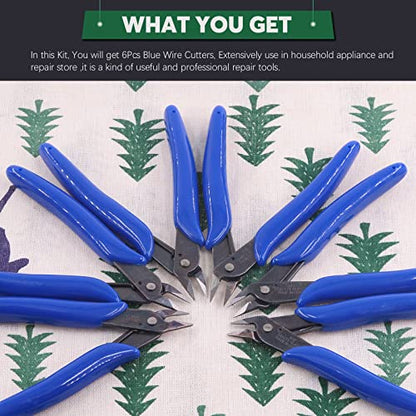 Keadic 6Pcs 5" Wire Cutters with Internal Spring and Soft Rubber Handle, Mini Flush Cutters, Micro Cutting Pliers Wire Nippers, Small Side Cutters for Hobby Modeling Jewelry Electronic Crafts (Blue)