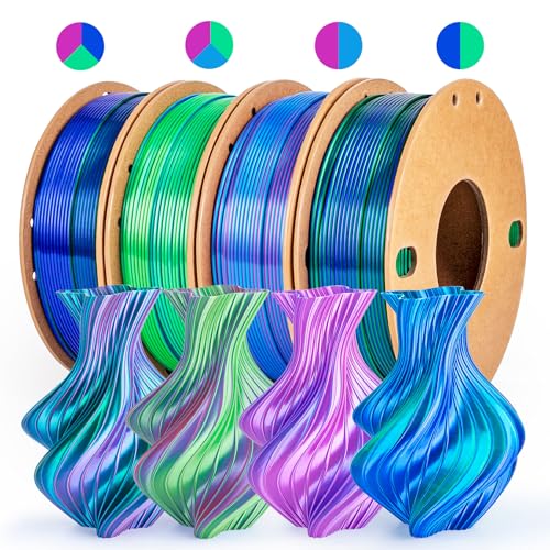 Silk PLA+ Pro 1.75mm 3D Printer Filament - 4 Spool Multi-Color Bundle (250gx4) with Rose Red/Sky Blue/Green/Dark Blue- Tri-Color & Dual-Color Shine Vibrant Filament, Total 1KG - color: 2 Tricolors+2 Dual Colors Pack 2, size: 250g 4 Packs