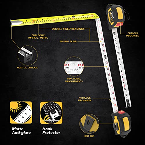 LEXIVON [2-Pack] 25Ft/7.5m Tape Measure, DuaLock & AutoLock | 1-Inch Wide Blade with Nylon Coating, Matt Finish White & Yellow Dual Sided Rule Print | Ft/Inch/Fractions/Metric (LX-204) - size: 2PK-25FT DuaLock & AutoLock
