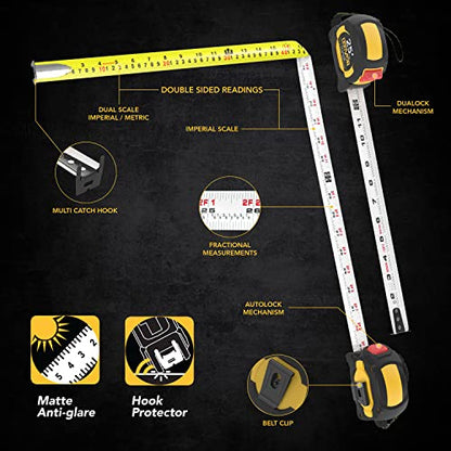 LEXIVON [2-Pack] 25Ft/7.5m Tape Measure, DuaLock & AutoLock | 1-Inch Wide Blade with Nylon Coating, Matt Finish White & Yellow Dual Sided Rule Print | Ft/Inch/Fractions/Metric (LX-204) - size: 2PK-25FT DuaLock & AutoLock