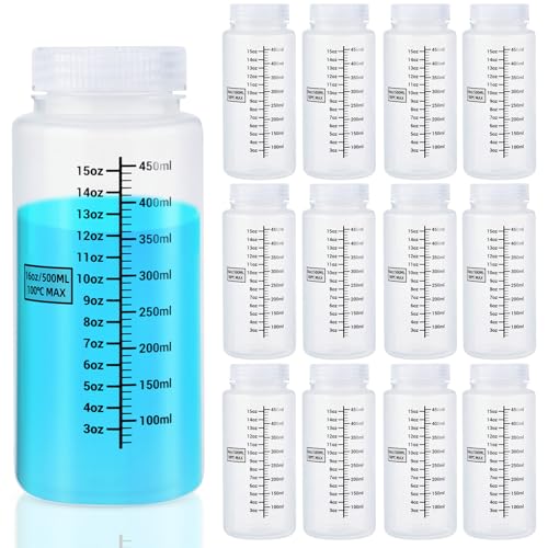Tatuo 12 Pcs 16oz 500 ml Plastic Sample Bottles with Screw Cap, Liquid Containers with Lid for Lab Reagent Sample Medicine Pill Water Storage, Travel Bottles(Translucent,Wide Mouth-Dark Scale) - color: Translucent, size: 16 oz 500 ml, style: Wide Mouth-da