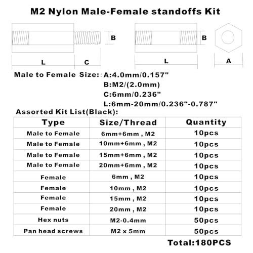M2 Black Nylon Male-Female Hex Standoffs Screw Nut Assortment Kit - size: 180PCS/M2 Black