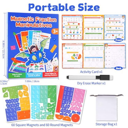 Magnetic Fraction Educational Puzzle, Magnetic Fraction Demonstration Book, Fraction Tiles & Circles, Montessori Math Manipulatives for Elementary School, Fraction Learning Toys for Kids - color: Dinosaur