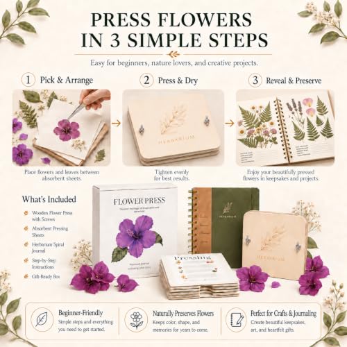 WOKK Flower Press Kit with Herbarium Journal, Compact 8.7" Flower Press