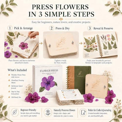 WOKK Flower Press Kit with Herbarium Journal, Compact 8.7" Flower Press