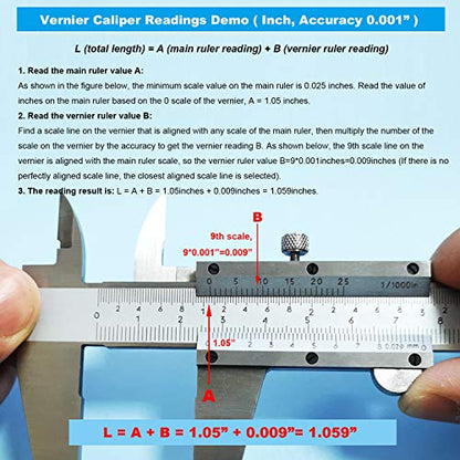 8 Inch / 20 cm Micrometer Vernier Caliper, Stainless Steel Precision Measuring Tool (Inch/Metric), Depth/Inside/Outside/Step Measurement, Accuracy 0.001" / 0.02mm