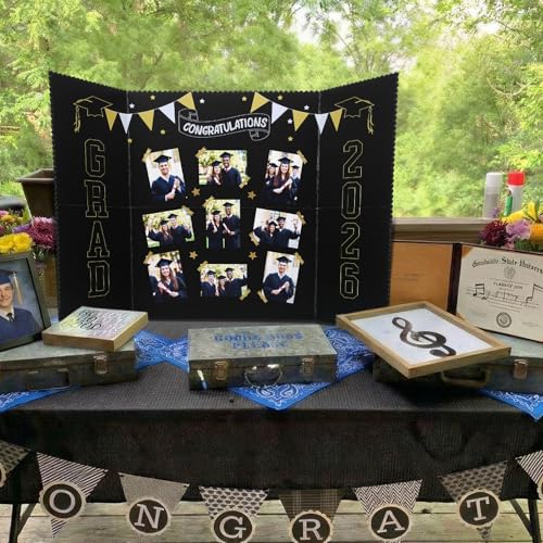 Epakh 2026 Graduation Trifold Poster Board 33 x 20 in Black Gold Senior Night Photo Display Board for Class of 2026 Graduation Photo Frames Picture Display for Grad Party Gift Table Decor