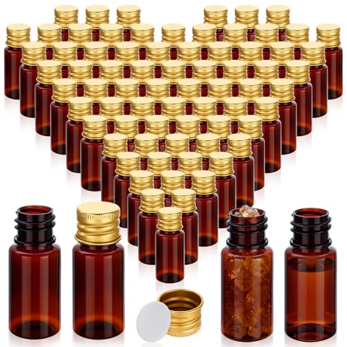 200 Pcs 10ml Mini Plastic Bottles Vials Tiny Jar with Aluminum Screw Lid Cap Clear Plastic Sample Container with Sealed Top Metal Lid for Cosmetic Essential Oil Specimen (Gold and Amber) - color: Gold and Amber