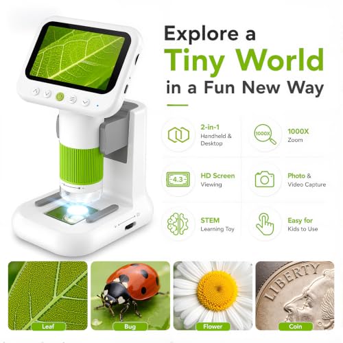 Kids Microscope with 1080P 4.3" Screen, 2-in-1 Desktop/Handheld Microscope