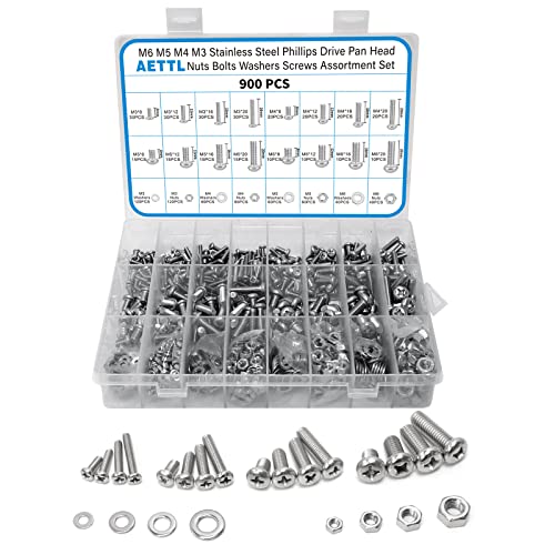 Nuts and Bolts Assortment Kit, AETTL 900 pcs Stainless Steel Metric Assorted M6 M5 M4 M3 Machine Screws Set Phillips Drive Pan Head with Flat Washers - color: 900-srew