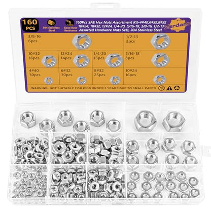 160Pcs SAE Hex Nut Assortment Kit - #4-40, #6-32, #8-32, #10-24, #10-32, #12-24, 1/4“-20, 5/16”-18, 3/8“-16,1/2”-13-304 Stainless Steel Hardware Nuts Sets for Electronics, Mechanics & DIY - size: 160Pcs SAE Mixed Sizes Silver