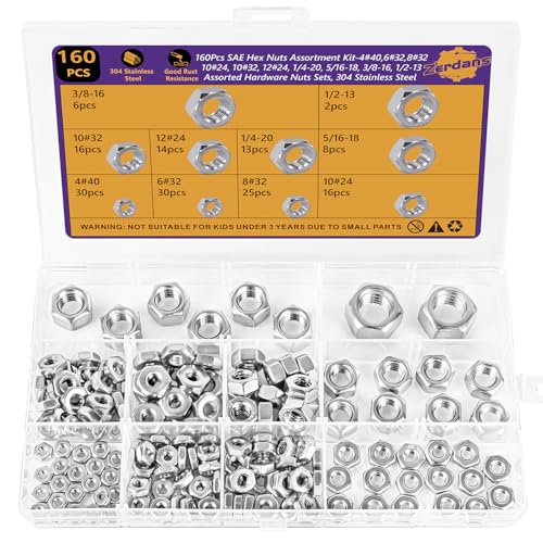 160Pcs SAE Hex Nut Assortment Kit - #4-40, #6-32, #8-32, #10-24, #10-32, #12-24, 1/4“-20, 5/16”-18, 3/8“-16,1/2”-13-304 Stainless Steel Hardware Nuts Sets for Electronics, Mechanics & DIY - size: 160Pcs SAE Mixed Sizes Silver