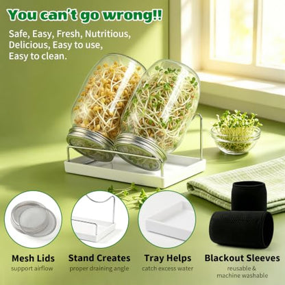 Seed Sprouting Jar Kit - 4 Wide Mouth Mason Jars with 316 Stainless Steel Sprouting Lids, 2 Drip Trays & 2 Stands, Complete Home Growing Set for Broccoli, Alfalfa, Beans, Wheatgrass (4 Jars)