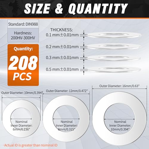 Shim Washer 6x10 8x12 10x16 Precision Spacers Kit 0.1/0.2/0.3/0.5mm 304 SS - size: 6x10 8x12 10x16 208pcs