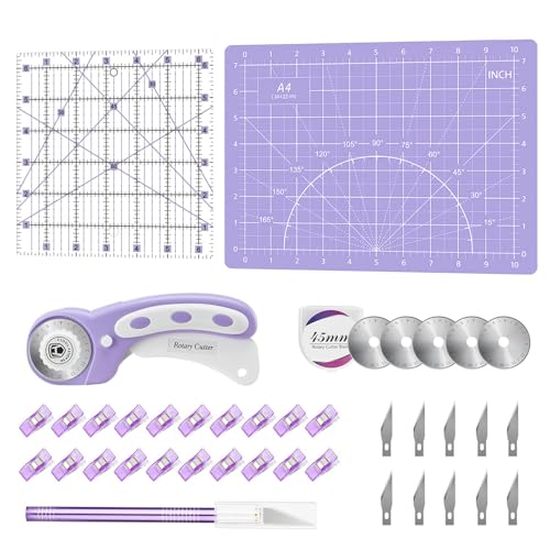 Headley Tools 39 Pcs Rotary Cutter Set - Quilting Kit incl. 45mm Fabric Cutter with 5 Extra Blades, A4 Cutting Mat, 2 Craft Knife Set, Sewing Clips, Ideal for Crafting, Sewing, Patchworking Purple - color: Purple, size: A4 Rotary Cutter Set