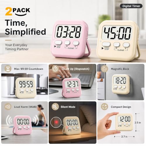 Antonki 2 Pack Digital Timer for Kids Classroom Kitchen Timers for Cooking - color: Lovely Pink + Light Peach