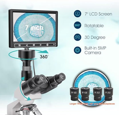 Microscope for Adults with 40X-2500X Magnification, Lab Trinocular Compound Microscope with Thermostat Stage, 7'' LCD Screen, Built-in 5MP Camera for Lab School (Constant Temperature)