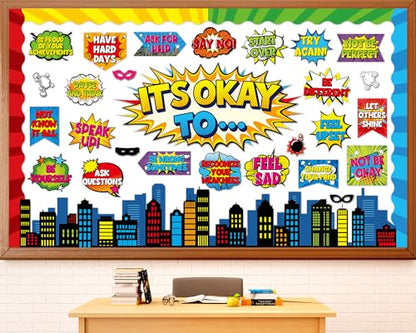 Hero Themed Mental Health Bulletin Board Set Motivational Classroom Decor It's Okay to Inspirational Affirmation Super Themed Cutouts for Back to School Party Classroom Home Chalkboard Wall Door Decor - style: It's Okay to