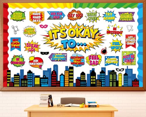 Hero Themed Mental Health Bulletin Board Set Motivational Classroom Decor It's Okay to Inspirational Affirmation Super Themed Cutouts for Back to School Party Classroom Home Chalkboard Wall Door Decor - style: It's Okay to