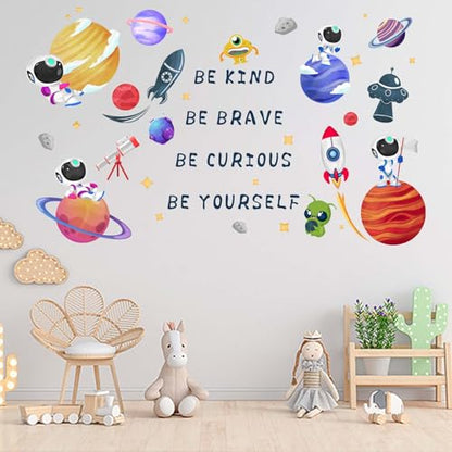 Outer Space Astronaut Wall Stickers - Be Kind Be Brave Inspirational Quotes Planets Rocket Boys Wall Decals - Baby Nursery Kids Room Daycare Wall Decor - color: Outer Space Quotes