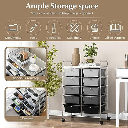 COSTWAY 10 Drawer Rolling Storage Cart, Utility Cart with Lockable Wheels - color: Mixed Black, size: 10 Drawer