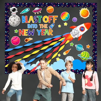 Pasimy Outer Space Bulletin Board with Crepe Paper Streamers 3D Space Themed Classroom Decor Galaxy Stars Planet Astronaut Cutouts for Back to School First Day of School Supplies Chalkboard Wall Decor