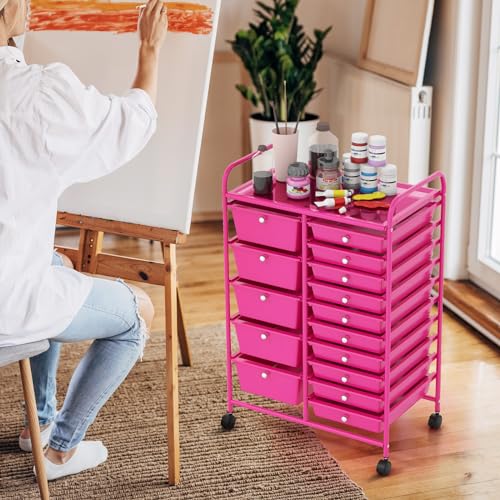 COSTWAY 15 Drawer Rolling Storage Cart, Mobile Storage Organizer - color: Hot Pink, size: 15 Drawer