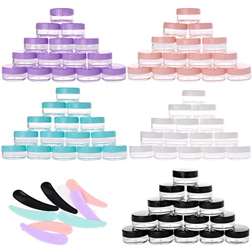 Refillable Cosmetic Sample Jars - 100 Pack 10g (0.35oz) Multi Color Small Travel Containers with Lids + 10 Mini Makeup Spatulas - BPA Free - color: Multi color