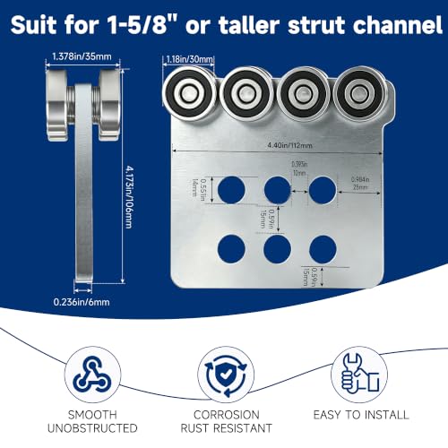 8 Wheel Trolley Assembly Rollers.Eight Bearing Trolley Assembly.The top of the Trolley has Room for Set Screws, Allowing the use of a 1-5/8" high Strut Channel - style: C-8Wheel Trolley 1pcs