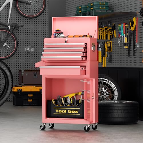 Oakcloud Heavy-Duty 5-Drawer Rolling Tool Chest & Cabinet Combo with Black Liner – Lockable Steel Garage Tool Box on Wheels – Detachable Top Toolbox & Bottom Storage Cart with Side Hooks, Pink - color: Pink, size: 5-drawer