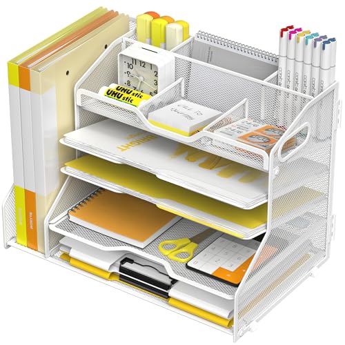 YINGHUA 5-Tier Mesh Desk Organizer and File Holder, Letter Tray - White - color: 5 Tier With File Holder-white