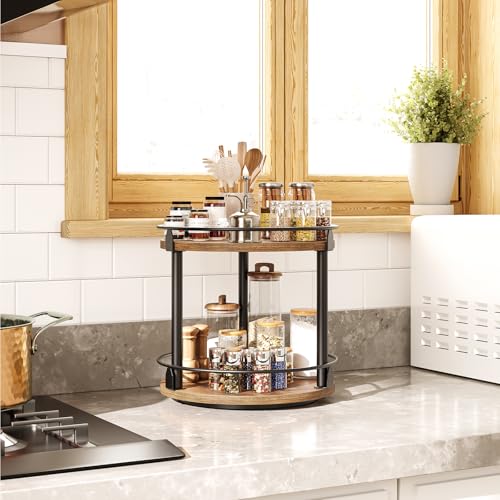 YATINEY Lazy Susan Organizer, Rotating Spice Rack, 2 Tier Spice Turntable Organizer, Industrial Turntable Spice Holder, for Kitchen Countertop and Cabinet, Compact and Versatile, Rustic Brown SR22BR - color: Rustic Brown + Black, size: 10.2"L x 10.2"W x 1